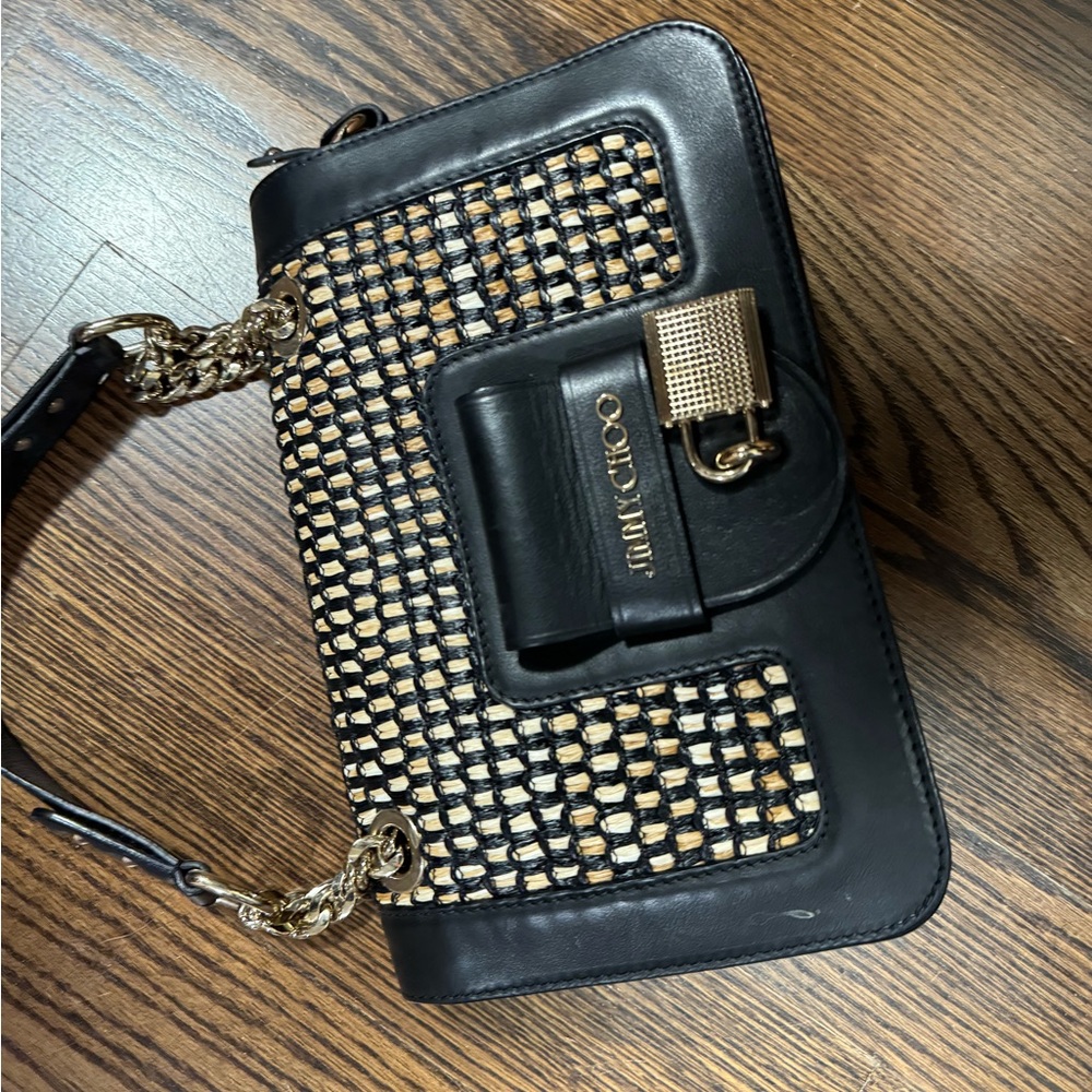 Jimmy Choo Bag, Black Leather with beige fabric accents,